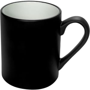 A black coffee mug with a glossy interior and a rounded handle. It features a logo.