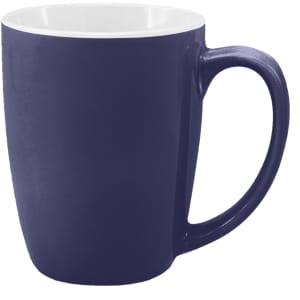 A coffee mug in navy blue with a white interior, featuring a handle and a smooth finish.