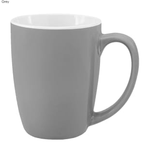 A coffee mug in grey with a smooth exterior and a white interior, featuring a handle and a simple design.