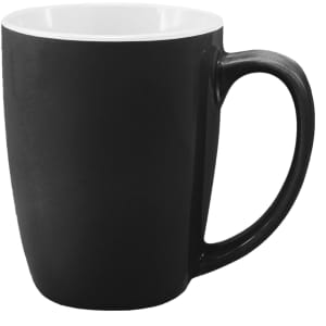A coffee mug with a sleek black exterior and a white inner surface featuring a handle and a logo.