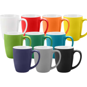 A collection of ten coffee mugs in various colours: white, red, orange, yellow, green, blue, teal, purple, grey, and black. Each mug has a handle.
