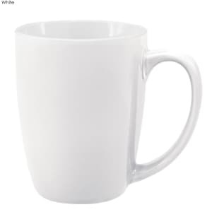 A white coffee mug with a smooth finish and a curved handle. It features a logo or branding on the surface.