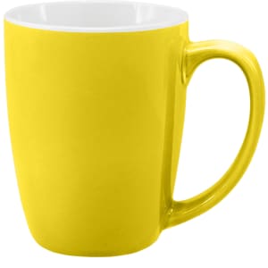 A yellow coffee mug with a glossy finish and a white interior, featuring a handle and a rounded shape.