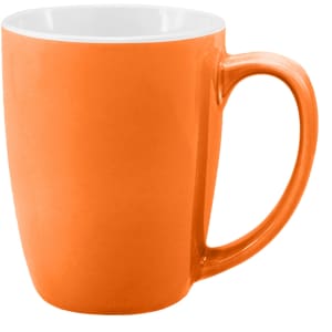 A coffee mug in vibrant orange with a white interior and a comfortable handle. It features a branding logo.