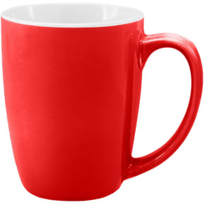A red coffee mug with a white interior and a curved handle, featuring a logo.