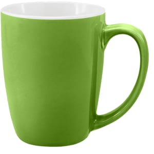 A green coffee mug with a glossy finish and a curved handle, featuring a white interior.