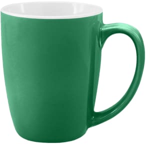 A green coffee mug with a white inner lining and a curved handle, featuring a sleek design and a logo.