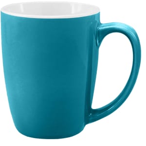 A teal coffee mug with a glossy finish and a white interior, featuring a curved handle.