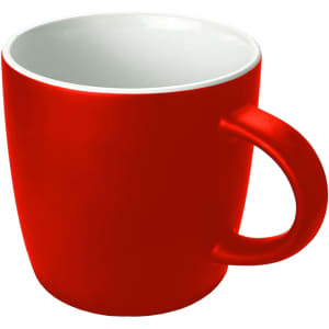 A red coffee mug with a white interior and a rounded handle, featuring a smooth finish and a logo.