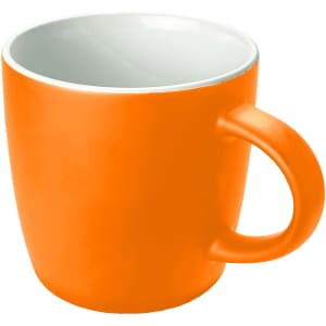 An orange coffee mug with a smooth finish and a contrasting white interior. It features a comfortable handle and has a logo.