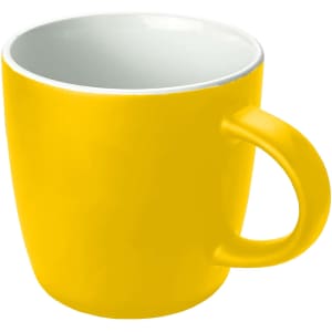 A yellow coffee mug with a smooth finish and a sturdy handle, featuring a white interior.