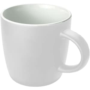 A white coffee mug with a smooth surface and a comfortable handle, featuring a blank interior.
