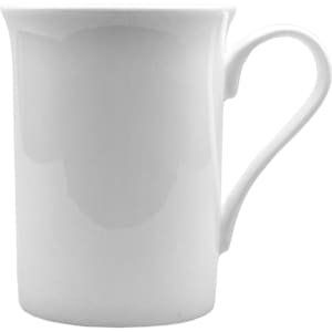 A white coffee mug with a sleek design and a curved handle. It features a smooth, glossy finish.