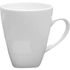 A white coffee mug with a tapered design and a curved handle. It features a logo on the surface.