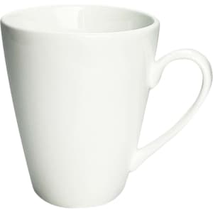 A white ceramic coffee mug with a tapered design and a curved handle. It features a logo on one side.