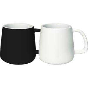 A coffee mug set featuring a black and a white mug, both with a rounded shape and a handle.