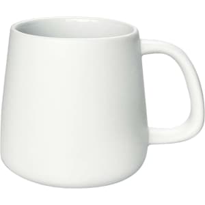 A coffee mug in white with a minimalist design and a rounded shape, featuring a simple handle and no visible branding.