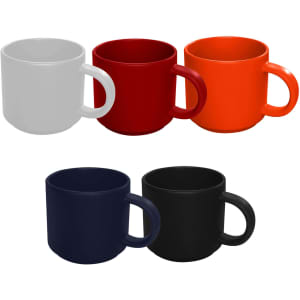 A set of four ceramic mugs in white, red, orange, navy, and black, featuring a simple design and handles.