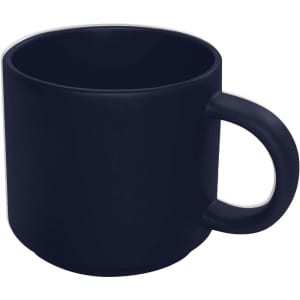 A ceramic coffee mug in a deep navy blue with a simple handle and a matte finish. It has a logo on one side.