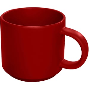 A red ceramic mug with a smooth finish and a sturdy handle. It features a simple, modern design.