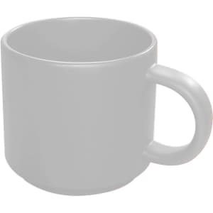 A ceramic coffee mug in a glossy light grey finish with a large, rounded handle. Features a simple design with no patterns.