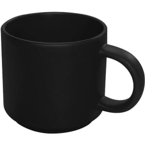 A ceramic mug in matte black with a rounded design and a sturdy handle. Features a logo on the side.