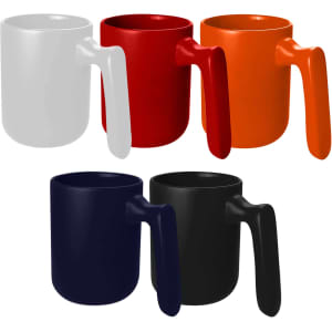 A set of four coffee mugs in white, red, orange, and black, featuring a distinctive handle design and branding.