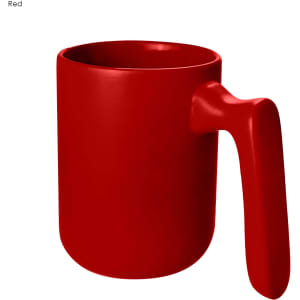 A red coffee mug with a modern design and a unique handle. It includes a logo on the surface.