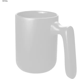 A white coffee mug with a unique handle design and a smooth finish, featuring a logo.