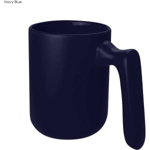 A navy blue coffee mug with a sleek handle and a simple, modern design. It features a branding logo.