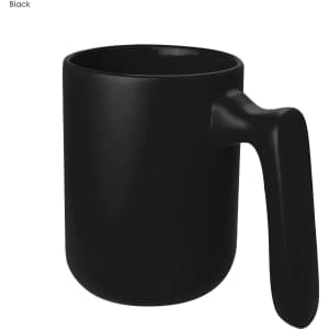 A black coffee mug with a unique handle design and a smooth finish. It features a logo.