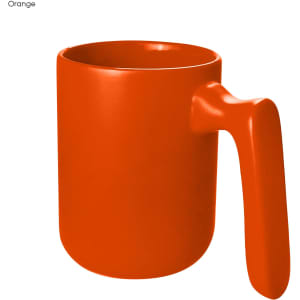 An orange coffee mug with a unique handle design and a smooth finish. It features a logo.