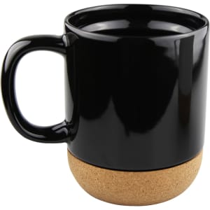 A black mug with a cork base, featuring a smooth, glossy finish and a sturdy handle. It includes a logo.