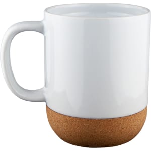 A white mug with a cork base, featuring a simple design and a handle. It has a logo on one side.