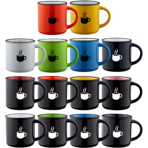 A set of mugs in red, yellow, green, blue, white, and black, featuring a logo on each mug.