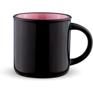 A drink bottle featuring a glossy black exterior and a contrasting pink interior, with a handle and subtle branding.
