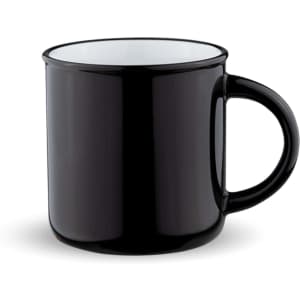 A black mug with a white interior and a sturdy handle. It features a logo on the side.