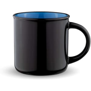 A mug with a black exterior and blue interior, featuring a handle and a logo.
