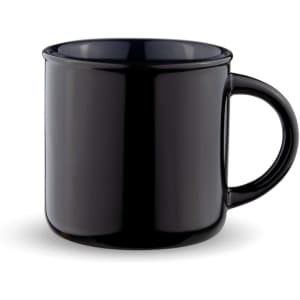 A black ceramic mug with a smooth finish and a curved handle. It features a logo on the front.