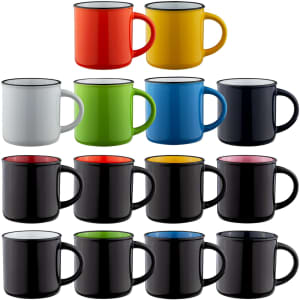 A set of colourful mugs in red, yellow, green, blue, white, black, and pink, featuring contrasting rims and handles.