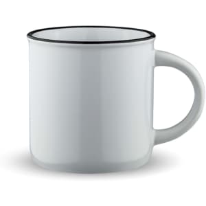 A drink mug in white with a black rim, featuring a curved handle and a glossy finish.