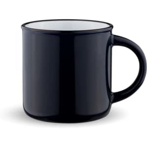 A drink mug in deep navy blue with a contrasting white interior and a comfortable handle. Features a logo.
