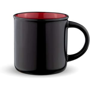 A coffee mug with a black exterior and a red interior, featuring a handle and a smooth finish. It has a logo.