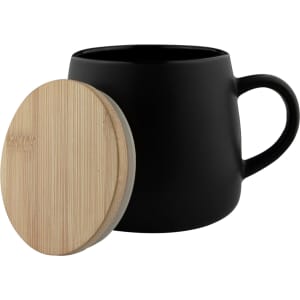A black coffee mug with a bamboo lid, featuring a handle and a smooth finish.