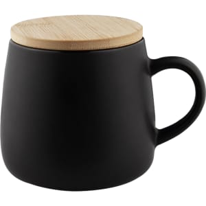 A black coffee mug with a bamboo lid and a rounded shape, featuring a handle and a smooth finish.