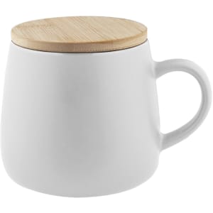 A white coffee mug with a bamboo lid and a curved shape, featuring a handle on the side.