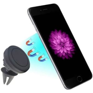 A black car mobile holder and a smartphone displaying a flower. The holder features a magnetic design for easy attachment.