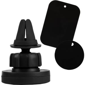 A black car mobile holder featuring a clip and two mounting plates for smartphones.