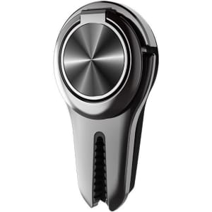 A sleek, black car vent phone holder ring with a metallic accent and a textured grip design.