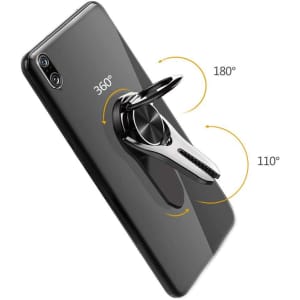 A black smartphone featuring a silver car vent phone holder ring with adjustable angles.